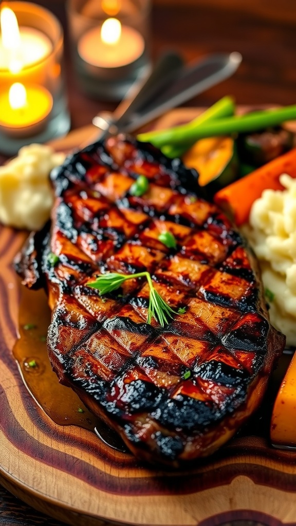 Grilled ribeye steak garnished with herbs, served with mashed potatoes and roasted vegetables on a wooden plate.